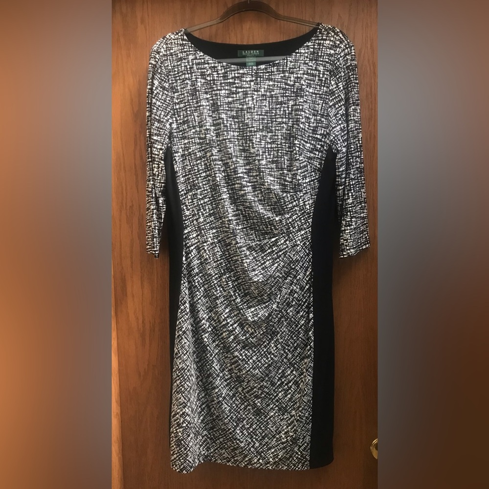 Lauren Ralph Lauren Midi Length Black & White Dress with Ruched Front